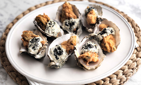 CORNMEAL FRIED OYSTERS WITH CAVIAR GRIBICHE